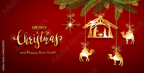 Christian Christmas Elements and Christmas Tree on Red Background