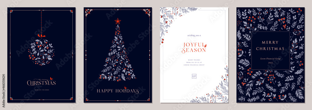 Holidays cards with Christmas Tree, birds, Christmas ornament, floral background, ornate frames and copy space. Universal modern artistic templates. - obrazy, fototapety, plakaty 