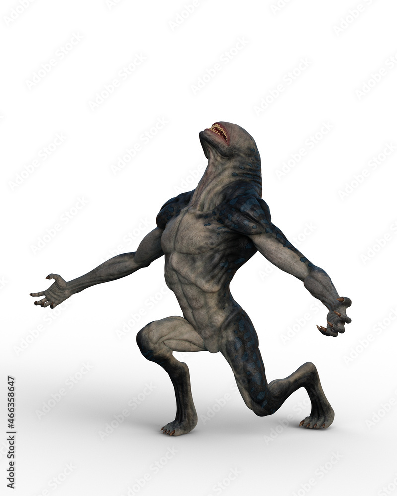 3D Rendering of an alien creature with no eyes screaming at the sky isolated on a white background.