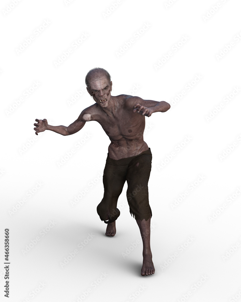 3D rendering of a flesh eating zombie man isolated on a white background. 3D rendering of a flesh eating zombie man isolated on a white background.