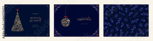 Merry and Bright Horizontal Holiday cards. Christmas, Holiday templates with ornate Christmas Tree, Christmas ornament, swirl frames with copy space, greetings, birds and floral background.