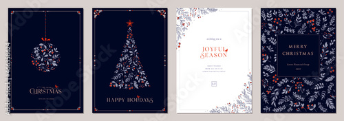 Fotografia Holidays cards with Christmas Tree, birds, Christmas ornament, floral background, ornate frames and copy space