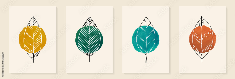 Obraz Botanical wall art vector set. leaf line art drawing with abstract watercolor circle. Abstract Plant Art design for print, cover, wallpaper, Minimal and natural wall art decoration, poster, brochure