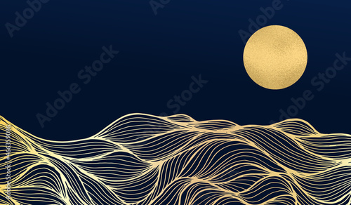 Abstract art mountain black and golden line-art modern style graphic background. Abstract geometric horizontal background. line art landscape Design for wall decoration, postcard or brochure cover.