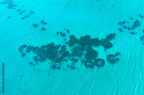 Aerial photo of turquoise sea and reef of Louros beach in West Greece