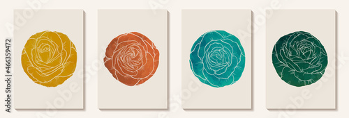 Creative minimalist hand painted Abstract art background with watercolor stain circle and Hand Drawn doodle rose outline. Design for wall decoration, postcard, poster or brochure
