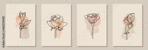 Creative minimalist hand painted Abstract art background with watercolor circle stain and stroke and Hand Drawn doodle rose outline. Design for wall decoration, postcard, poster or brochure