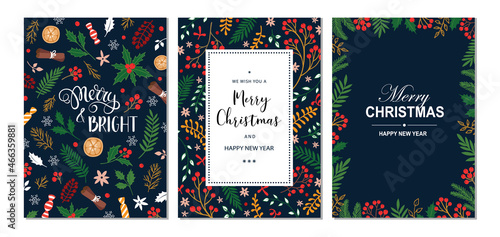Merry Christmas and Happy New Year cards and invitations set with hand drawn elements. Holiday card with place for text. Floral frames and backgrounds. Vector illustration.