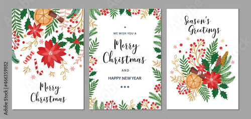 Merry Christmas and Happy New Year cards and invitations set with hand drawn elements. Holiday card with place for text. Floral frames and backgrounds. Vector illustration.