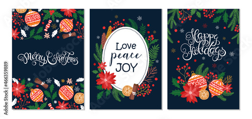 Merry Christmas and Happy New Year cards and invitations set with hand drawn elements. Holiday card with place for text. Floral frames and backgrounds. Vector illustration.