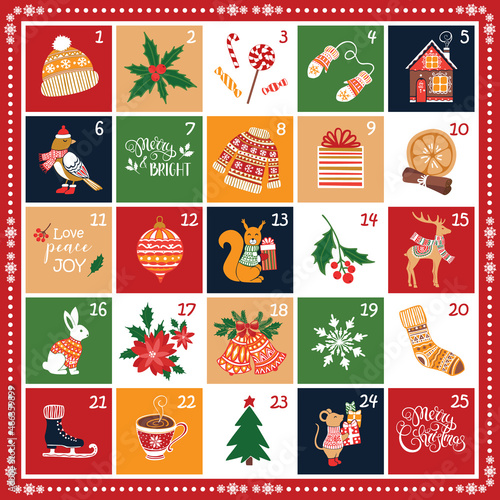 Christmas advent calendar with hand drawn elements. Cap, holly, candys, mittens, house, bird, calligraphy, sweater, gift, orange and cinnamon, mouse, squirrel, deer, rabbit, jingle bells and other.
