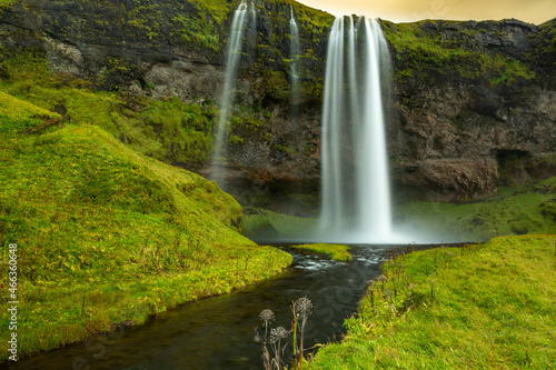 Seljalandsfoss waterfall at sunset in Iceland. Water is milky white set against verdant green cliffs with red and orange color in clouds.