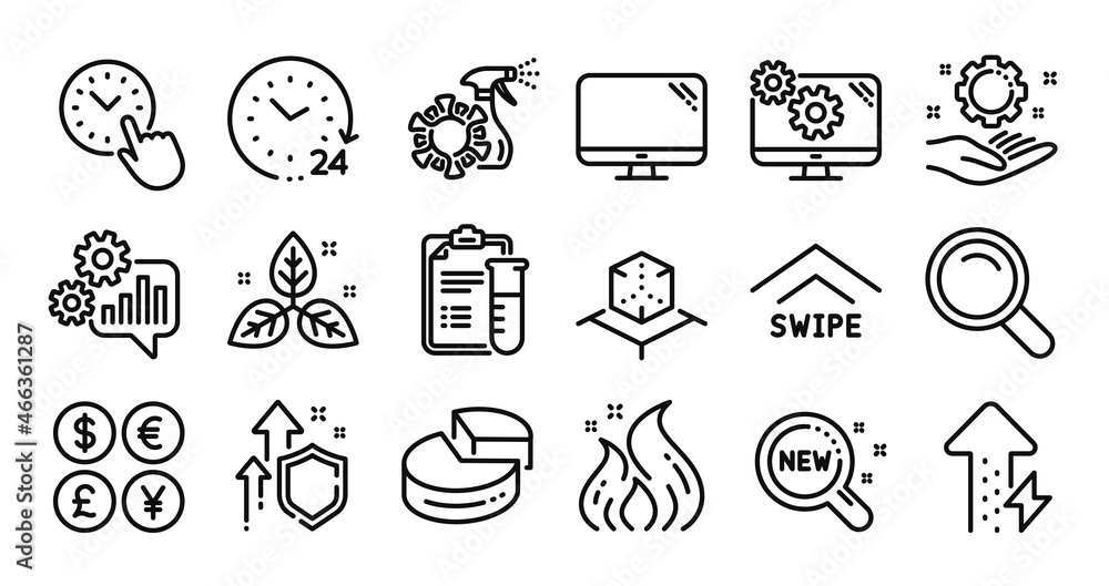 Fototapeta premium Cogwheel, Search and Coronavirus spray line icons set. Secure shield and Money currency exchange. Swipe up, Computer and Medical analyzes icons. New products, Fire energy and Fair trade signs. Vector
