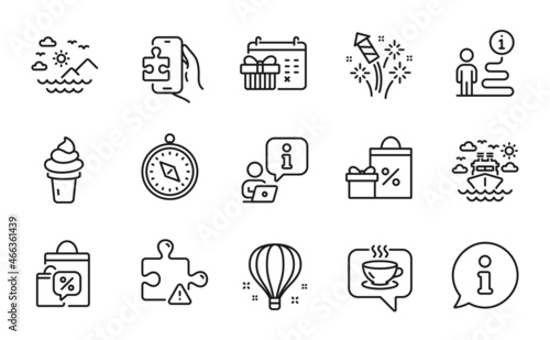 Holidays icons set. Included icon as Ship travel, Sale bags, Sea mountains signs. Air balloon, Shopping, Puzzle symbols. Travel compass, Ice cream, Coffee. Puzzle game, Christmas calendar. Vector