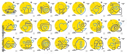 Honeymoon line icons. Wedding car, marriage rings, love. Bridal champagne, Valentine heart icons. Couple tickets, honeymoon travel, married night. Wedding music, love lock. Info center bubble. Vector