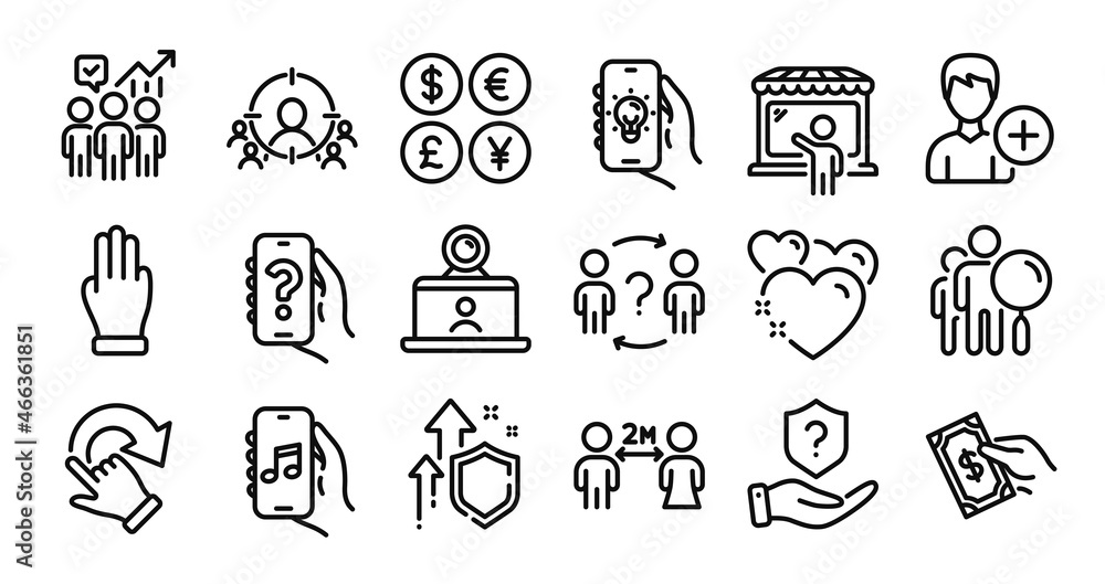 Business targeting, Business statistics and Help app line icons set. Secure shield and Money currency exchange. Add person, Search people and Music app icons. Vector
