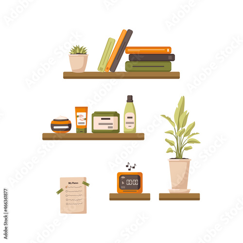 Bedroom interior with shelves of books, alarm clock, houseplants, tubes of cream and cosmetics for evening and morning skincare and plan for the day. Vector flat illustration items in apartment