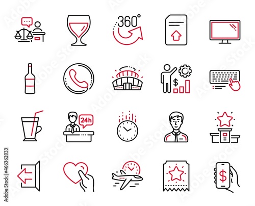 Vector Set of Business icons related to Winner podium, Employees wealth and Coffee cup icons. 360 degrees, Loyalty ticket and Businessman person signs. Wine glass, Call center and Time. Vector