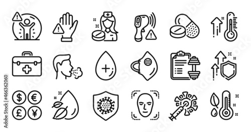 Electronic thermometer, Medical drugs and Dumbbell line icons set. Secure shield and Money currency exchange. Medical mask, Face detection and Oil serum icons. Vector