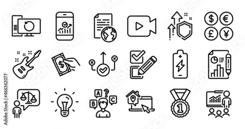 Internet document, Lawyer and Smartphone statistics line icons set. Secure shield and Money currency exchange. Pay money, Quiz test and Report document icons. Vector