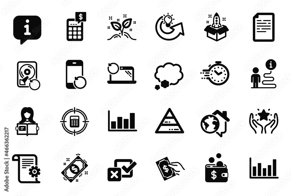 Vector Set of Education icons related to Calculator, Recovery hdd and Report diagram icons. Technical documentation, Timer and Recovery laptop signs. Checkbox, Document and Pay money. Vector