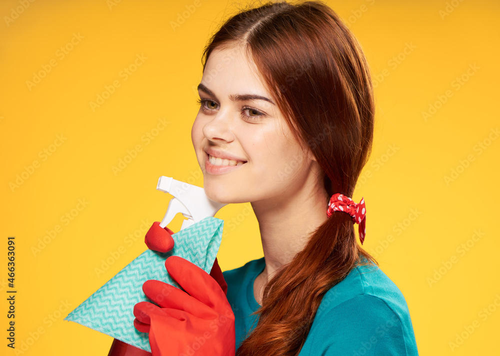 woman in rubber gloves detergent cleaning housework yellow background woman in rubber gloves detergent cleaning housework yellow background