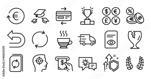 Doppio, Recruitment and Truck delivery line icons set. Secure shield and Money currency exchange. Fragile package, Exchange currency and Atm service icons. Vector