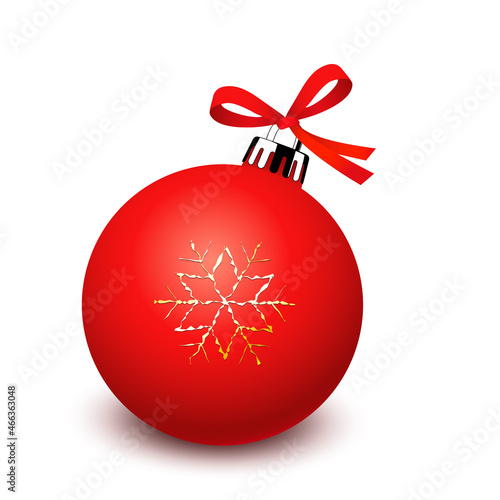 Rote Christbaumkugel mit goldenen Stern und Schleife,
Vektor Illustration isoliert auf weißem Hintergrund
