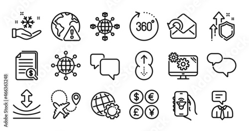 Chat message, Logistics network and International globe line icons set. Secure shield and Money currency exchange. Internet warning, Send mail and 360 degrees icons. Vector