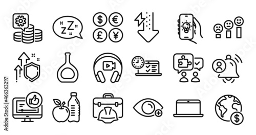 Sleep, Electric app and Construction toolbox line icons set. Secure shield and Money currency exchange. Headphones, User notification and Laptop icons. Vector