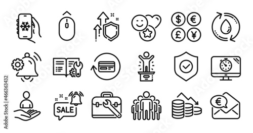 Promotion bell, Tool case and Security shield line icons set. Secure shield and Money currency exchange. Notification bell, Recruitment and Refund commission icons. Vector