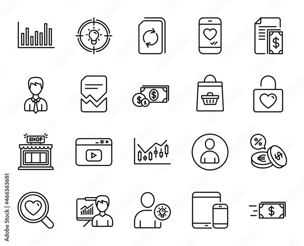 Vector set of Idea, Payment and Video content line icons set. Bar diagram, Businessman and Currency exchange icons. Money transfer, Wedding locker and Love chat signs. Idea web symbol. Vector Vector set of Idea, Payment and Video content line icons set. Bar diagram, Businessman and Currency exchange icons. Money transfer, Wedding locker and Love chat signs. Idea web symbol. Vector