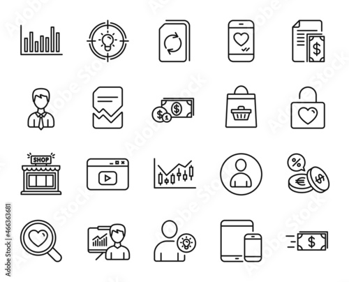 Vector set of Idea, Payment and Video content line icons set. Bar diagram, Businessman and Currency exchange icons. Money transfer, Wedding locker and Love chat signs. Idea web symbol. Vector