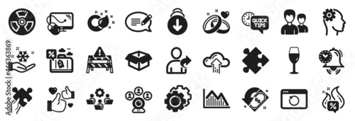 Set of Business icons, such as Cashback, Message, Time management icons. Settings gears, Scroll down, Cloud upload signs. Teamwork, Opened box, Computer mouse. Couple, Investment graph. Vector