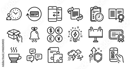 Chat messages, Diploma and Mobile survey line icons set. Secure shield and Money currency exchange. Hold box, Bad weather and Inspiration icons. Vector