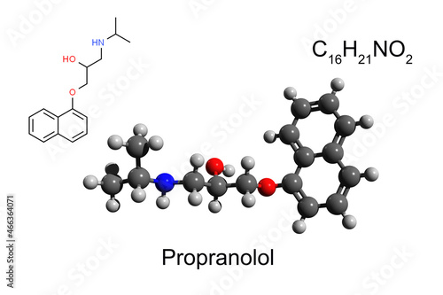 Chemical formula, structural formula and 3D ball-and-stick model of propranolol, white background