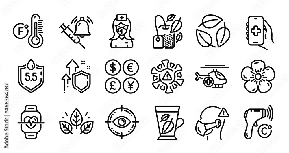 Leaves, Medical mask and Electronic thermometer line icons set. Secure shield and Money currency exchange. Coronavirus, Mint leaves and Cardio training icons. Vector