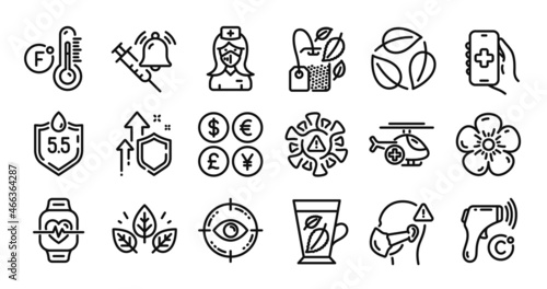 Leaves, Medical mask and Electronic thermometer line icons set. Secure shield and Money currency exchange. Coronavirus, Mint leaves and Cardio training icons. Vector