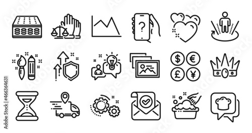 Line chart, Time and Ask question line icons set. Secure shield and Money currency exchange. Augmented reality, Crown and Cooking hat icons. Idea, Heart and Gears signs. Vector