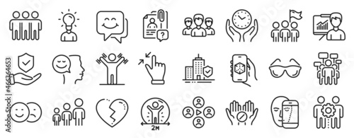 Set of People icons, such as Group, Presentation, Search employee icons. Video conference, Face biometrics, 3d app signs. Good mood, Eyeglasses, Broken heart. Voting campaign, Education. Vector