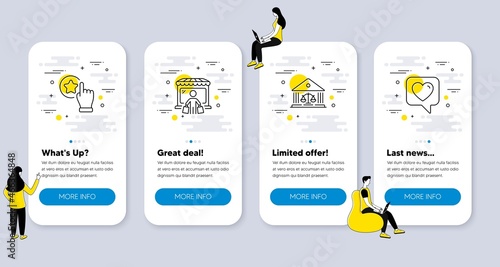 Set of Business icons, such as Court building, Rate button, Market buyer icons. UI phone app screens with people. Heart line symbols. Judgement, Favorite, Store client. Like rating. Vector