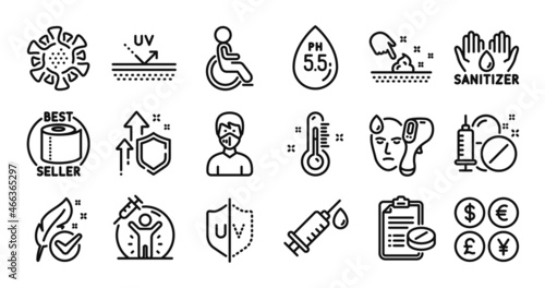 Ph neutral  Thermometer and Electronic thermometer line icons set. Secure shield and Money currency exchange. Toilet paper  Medical syringe and Coronavirus icons. Vector