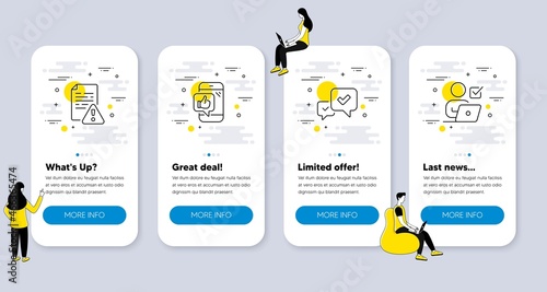 Set of Technology icons, such as Mobile like, Instruction manual, Approve icons. UI phone app screens with people. Online voting line symbols. Vector