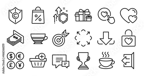 Target, Add purchase and Shopping bag line icons set. Secure shield and Money currency exchange. Wedding locker, Hearts and Mocha icons. Sign out, Copyright protection and Cappuccino signs. Vector