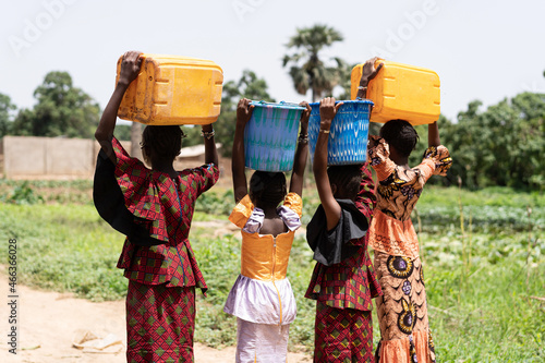 Tableau sur toile Four black African girls on their way to the village with full water continers o