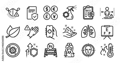 Vaccination, Vision board and High thermometer line icons set. Secure shield and Money currency exchange. Eu close borders, Skin care and Coronavirus spray icons. Vector