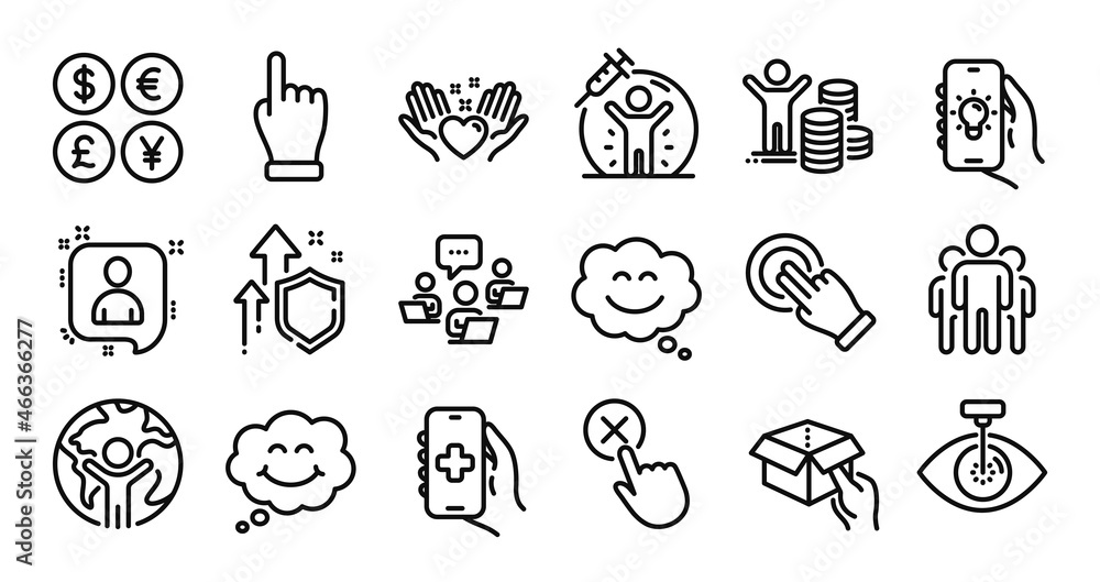Global business, Click hand and Reject click line icons set. Secure shield and Money currency exchange. Health app, Vaccine protection and Smile icons. Vector