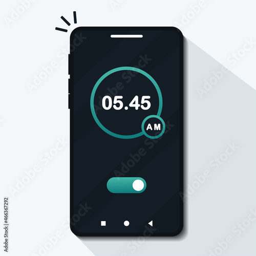 Alarm clock app on smartphone screen. Wake up time settings. Illustration vector