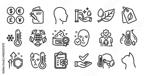 Eye checklist, Head and Bio tags line icons set. Secure shield and Money currency exchange. Leaf dew, Eco organic and Low thermometer icons. Cream, Fever and Sick man signs. Vector