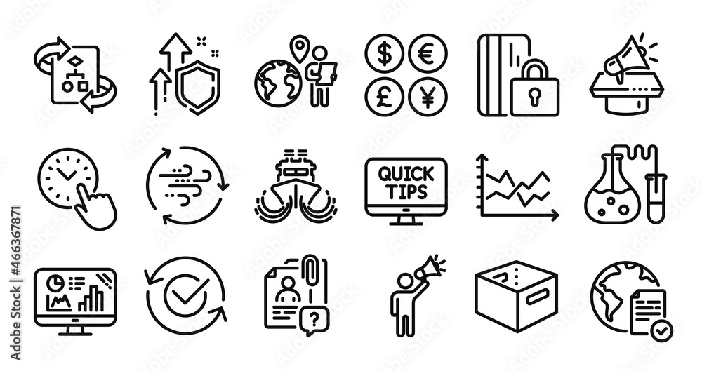 Brand ambassador, Ship and Wind energy line icons set. Secure shield and Money currency exchange. Chemistry lab, Approved and Outsource work icons. Vector